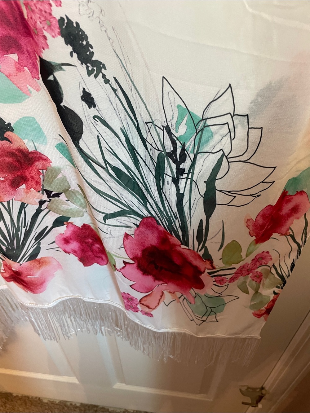 Say What? Sheer White Floral Kimono Wrap with Pink and Green Accents - Picture 9 of 10